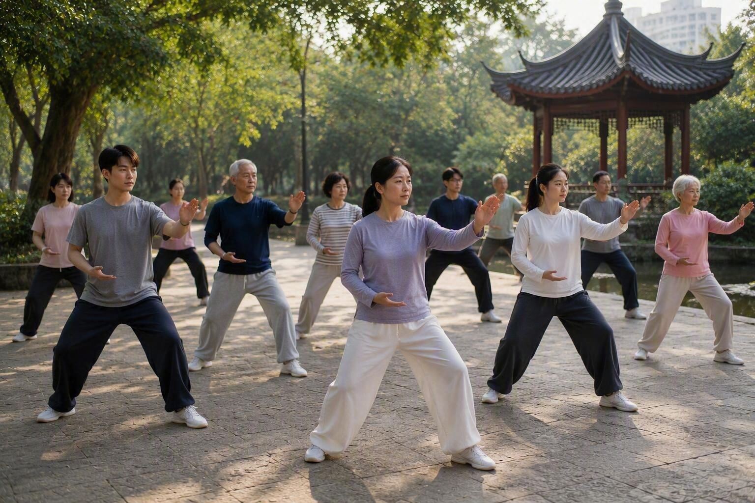 Een groep beoefent qigong in een park